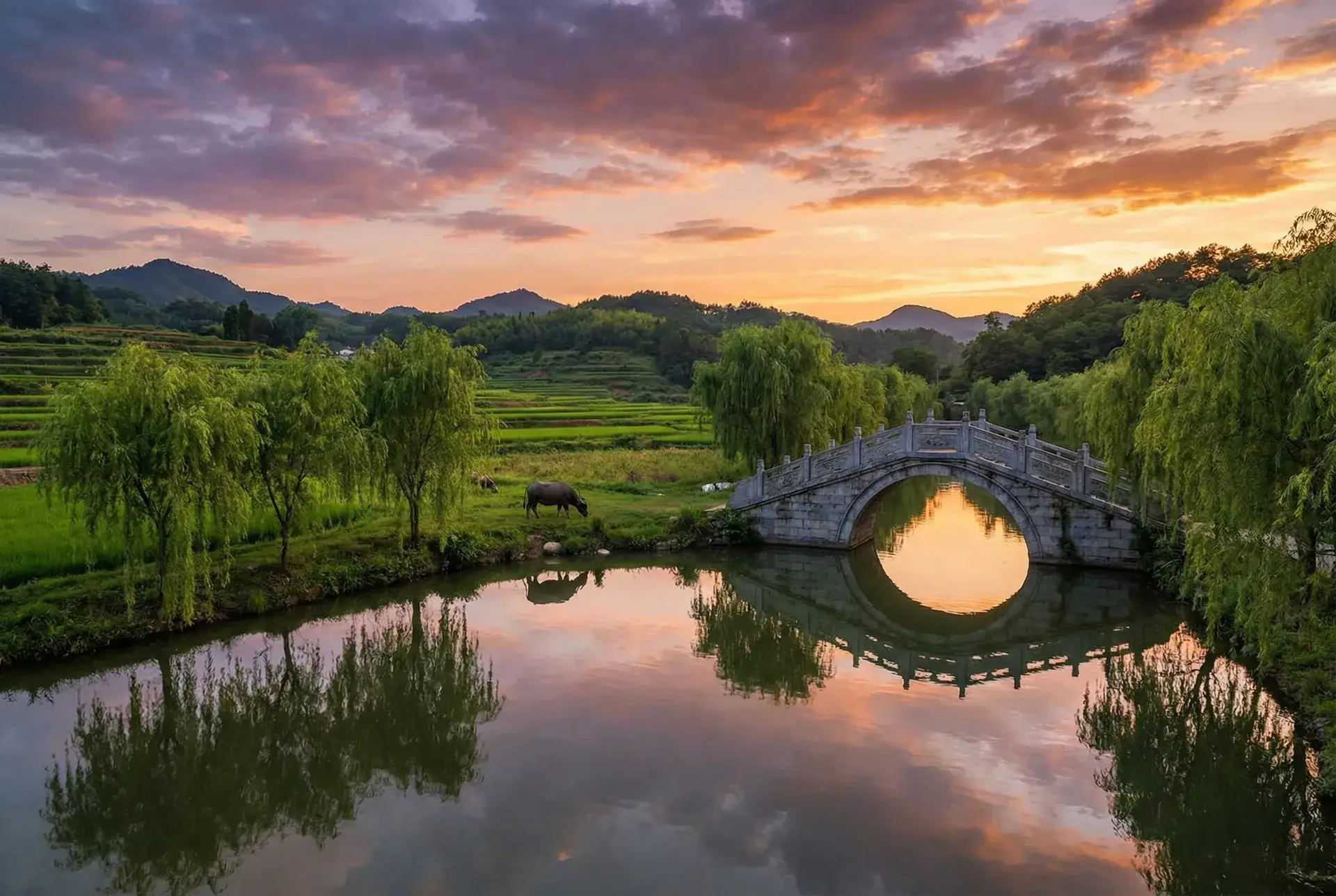 夕阳下的石拱桥与垂柳，水牛在河边吃草 - 长津湖免费播放 乡村美景